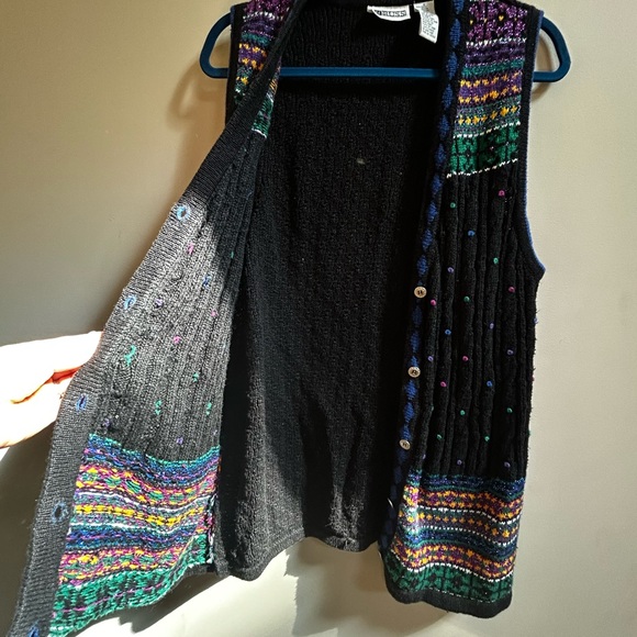 Vintage Russ Black Knit Multicolor Button Up V-Neck Sweater Vest, Cottagecore - Picture 10 of 12